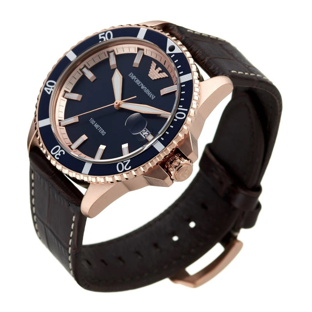 Emporio Armani Men's Watch AR11556 Brown Leather Strap & Blue Dial With Rose Gold Case Diver