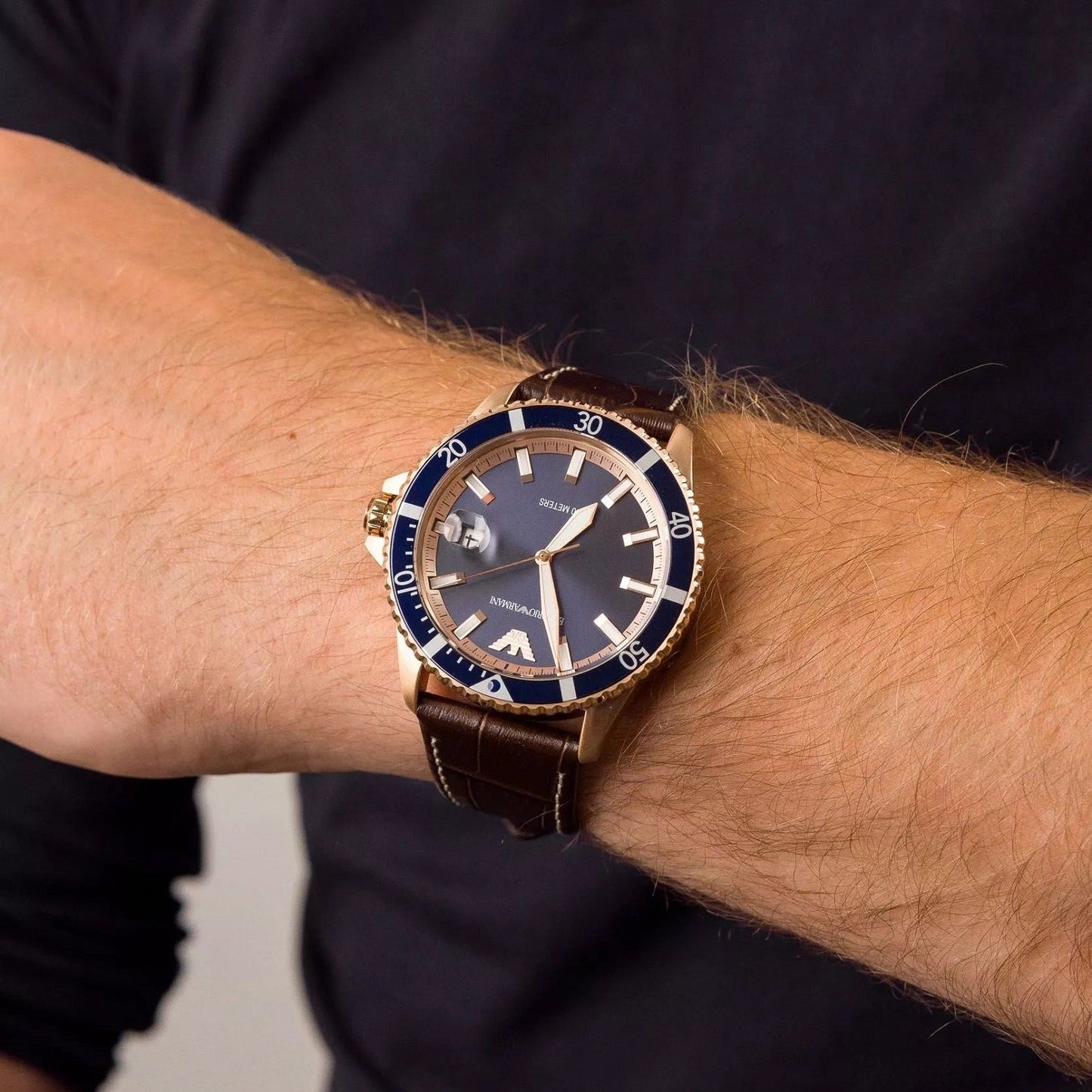Emporio Armani Men's Watch AR11556 Brown Leather Strap & Blue Dial With Rose Gold Case Diver