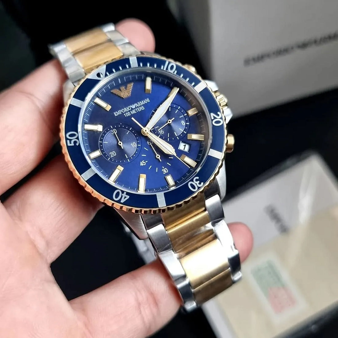 Emporio Armani Men's Watch Stainless Steel Silver & Yellow Gold Strap With Blue Dial AR11362 Diver