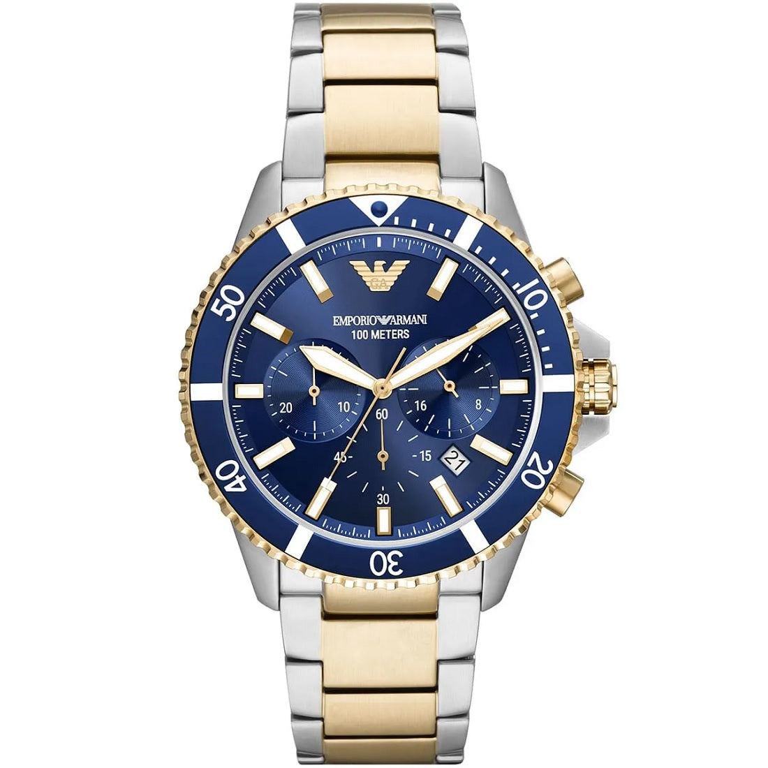 Emporio Armani Men's Watch Stainless Steel Silver & Yellow Gold Strap With Blue Dial AR11362 Diver