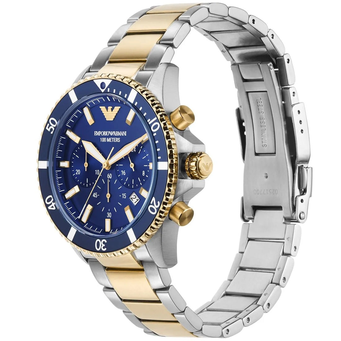 Emporio Armani Men's Watch Stainless Steel Silver & Yellow Gold Strap With Blue Dial AR11362 Diver