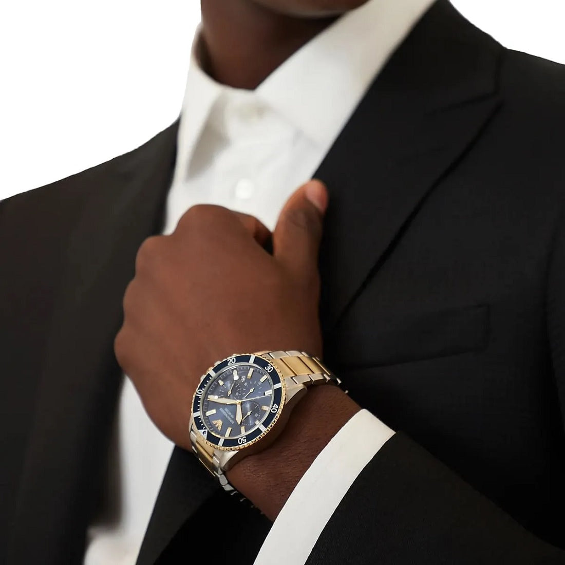 Emporio Armani Men's Watch Stainless Steel Silver & Yellow Gold Strap With Blue Dial AR11362 Diver